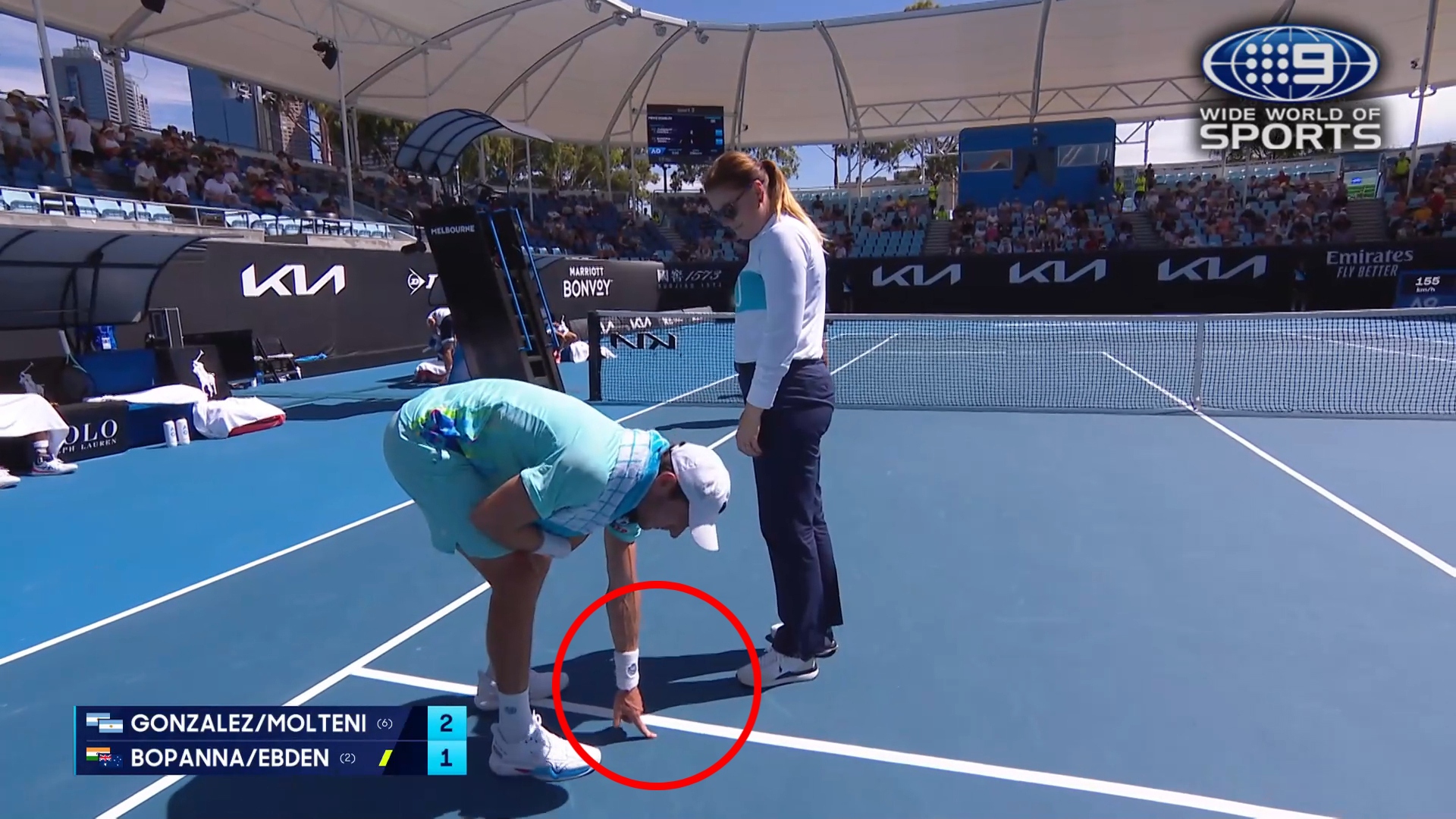 T﻿he men's doubles match between Máximo González/Andrés Molteni and Rohan Bopanna/Matthew Ebden was suspended with the court showing signs of "bubbling".