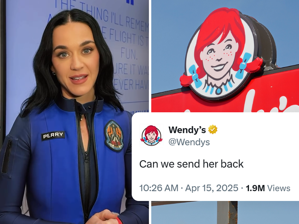 Katy Perry in her space suit; Wendy's logo and tweet