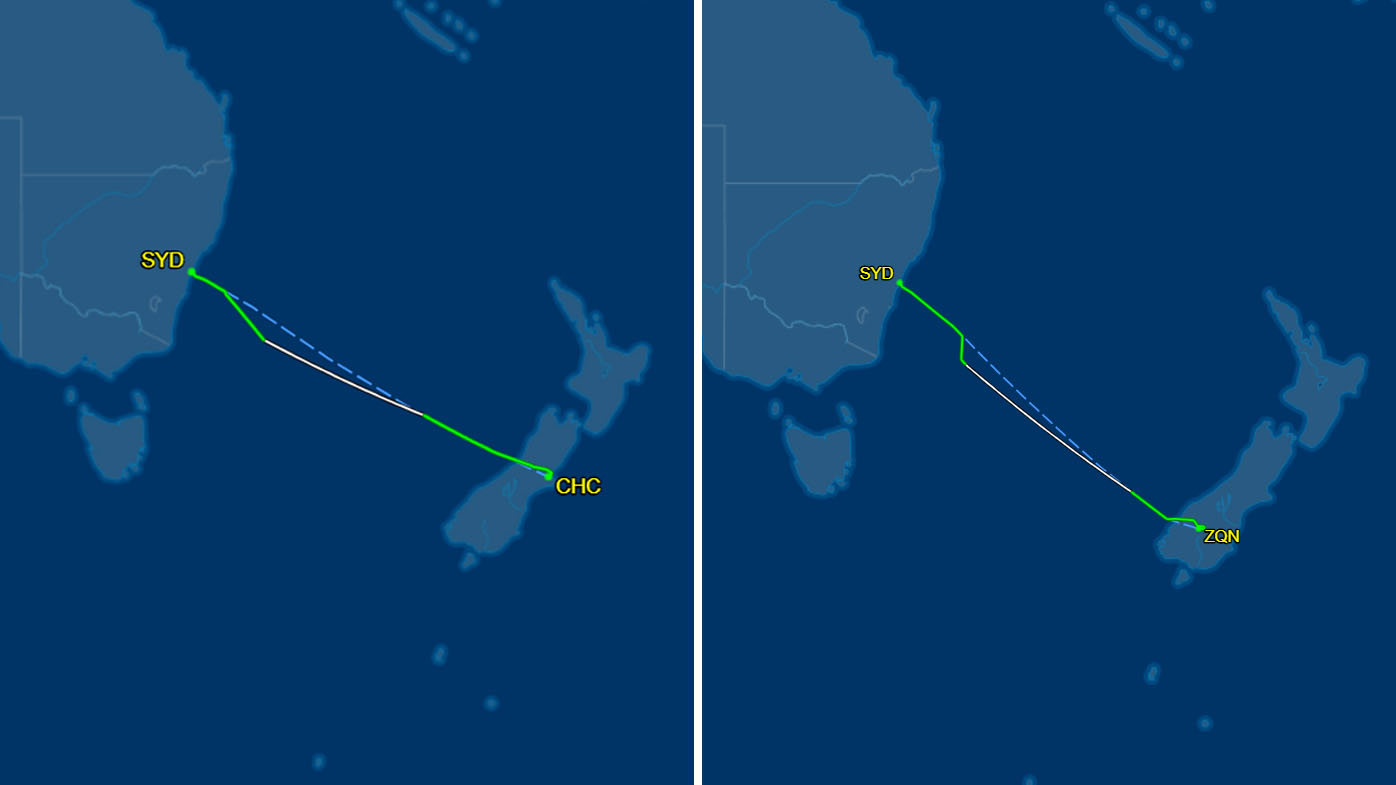 The flight paths of two aircraft from Sydney to avoid potential live fire drills from Chinese navy vessels in the Tasman Sea.
