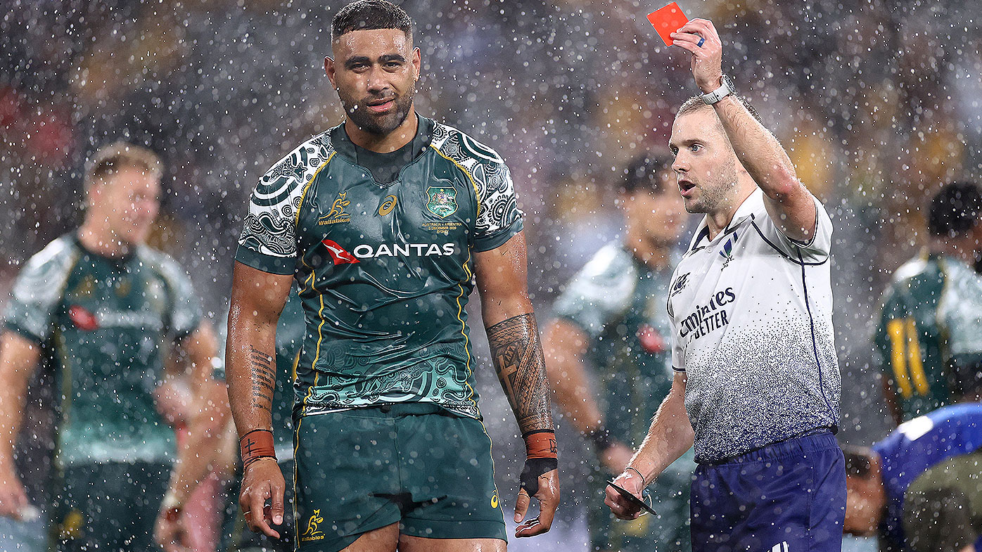Lukhan Salakaia-Loto of the Wallabies is given a red card during the 2020 Tri-Nations match between the Australian Wallabies and the Argentina Pumas