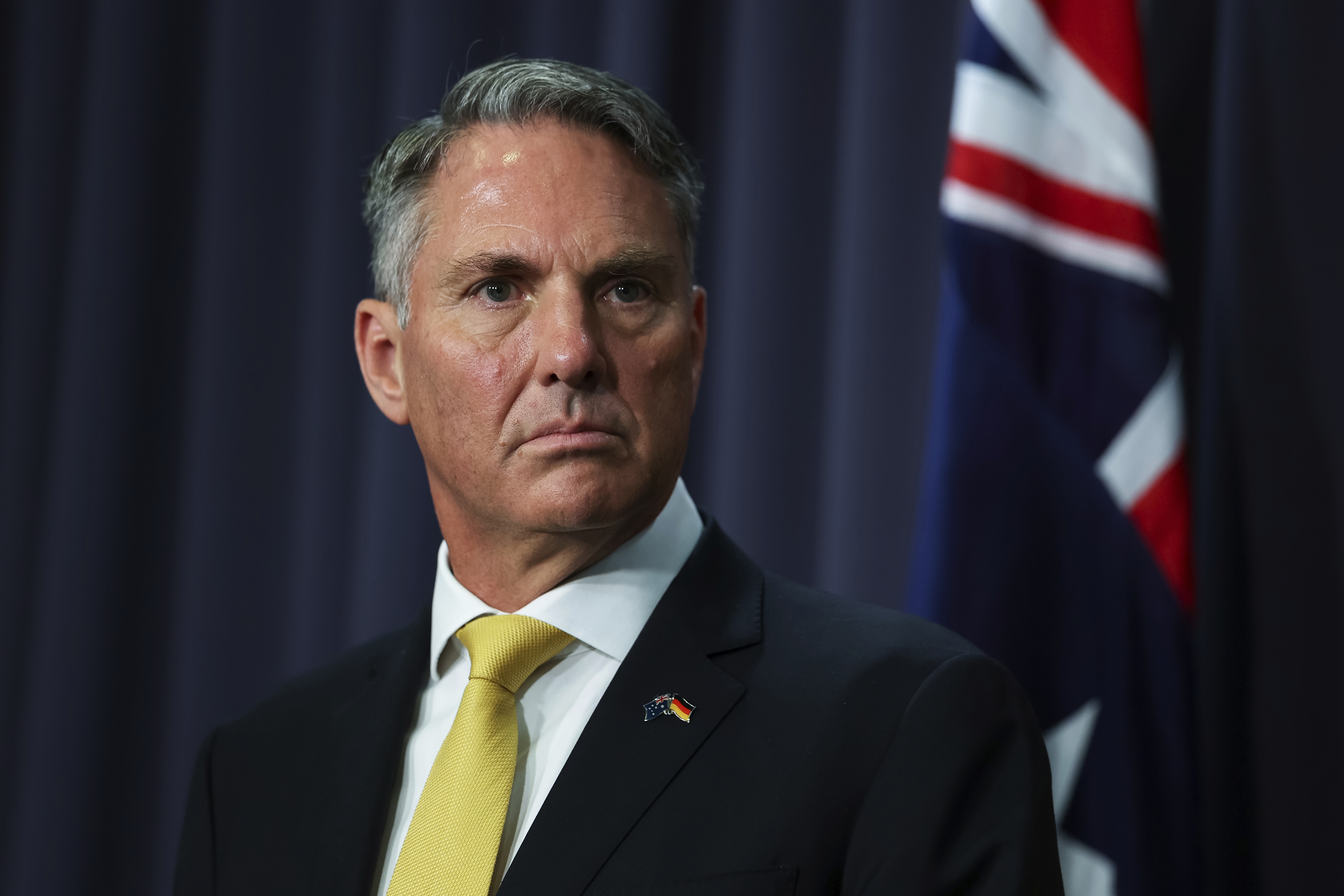Deputy Prime Minister and Minister for Defence Richard Marles during a joint press conference following the Defence Ministers meeting, at Parliament House in Canberra on Thursday 26 March 2026. fedpol Photo: Alex Ellinghausen