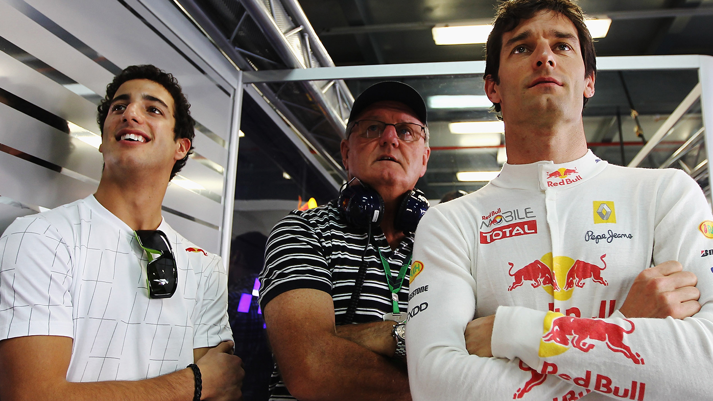 Daniel Ricciardo with Mark Webber, along with Mark’s father Alan, in 2010. 