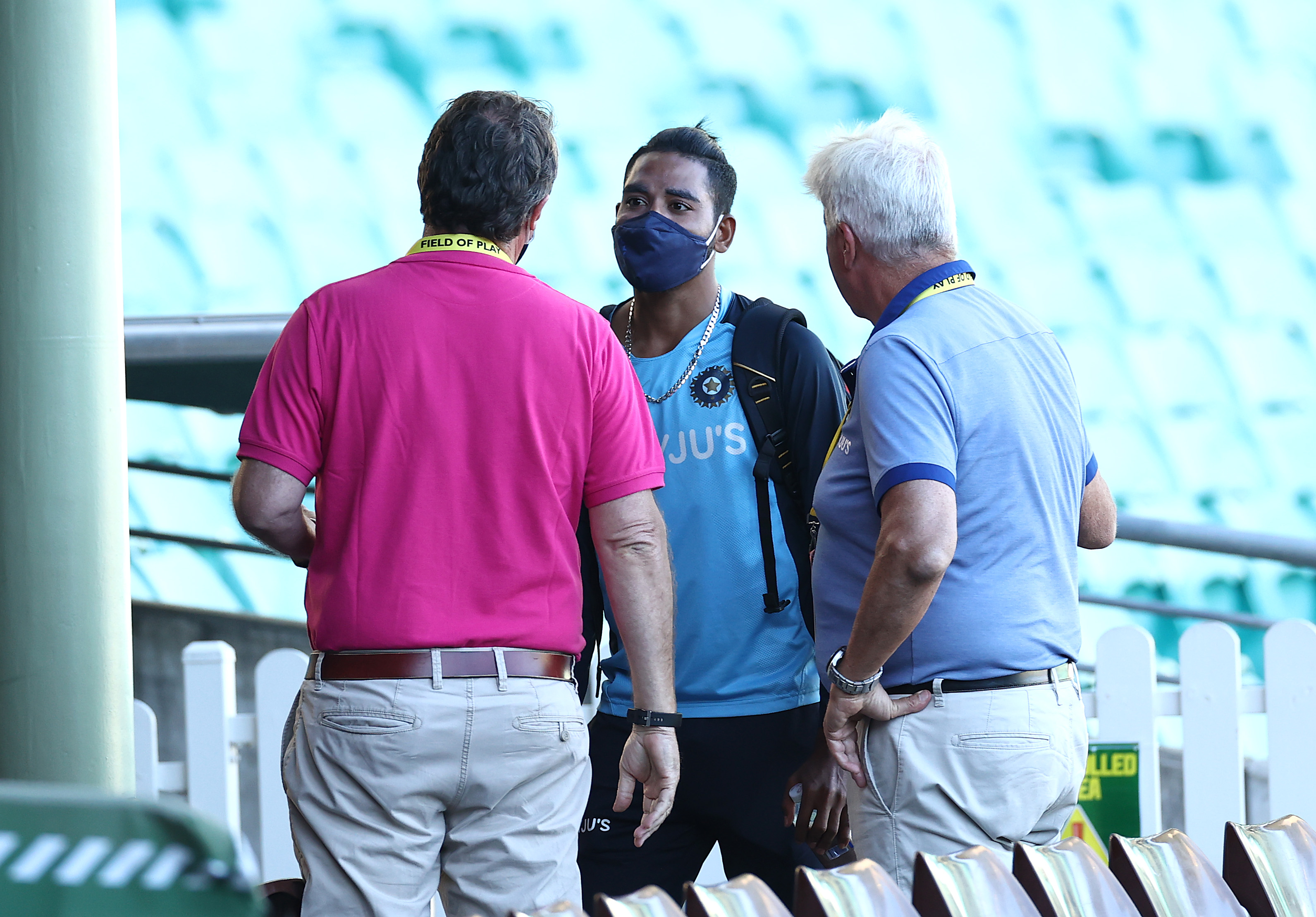 Mohammed Siraj of India speaks with Cricket Australia staff after day three.