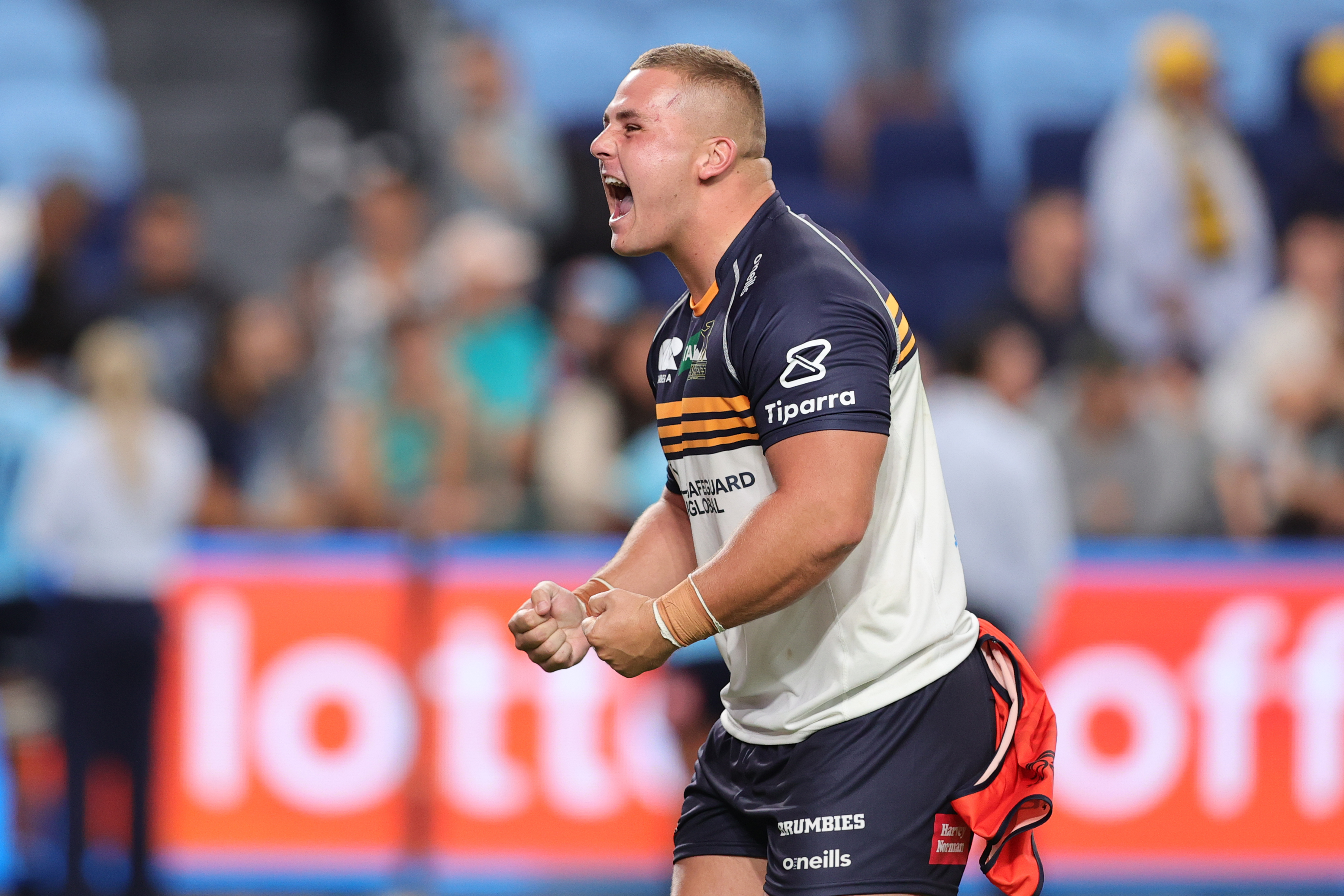 Blake Schoupp of the Brumbies celebrates winning.