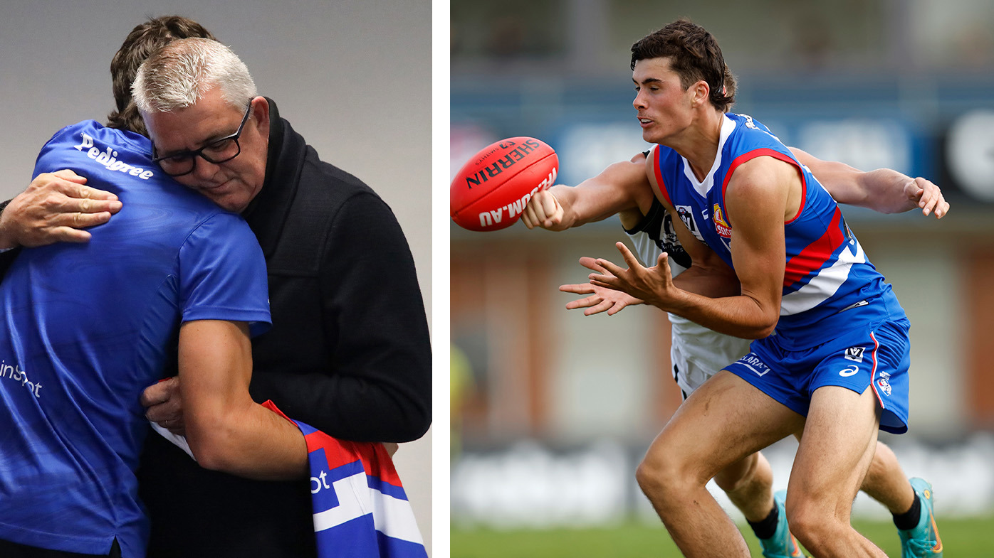 Simon O'Donnell presented his son James O'Donnell his Bulldogs jersey ahead of his debut against the Blues.