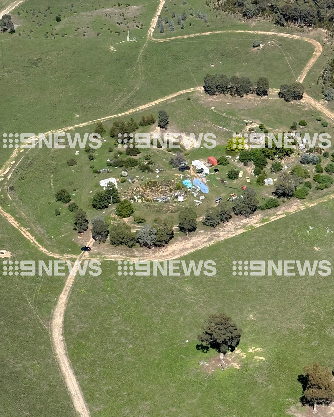 An aerial image of the Walwa property where Dezi Freeman was reportedly located this morning.