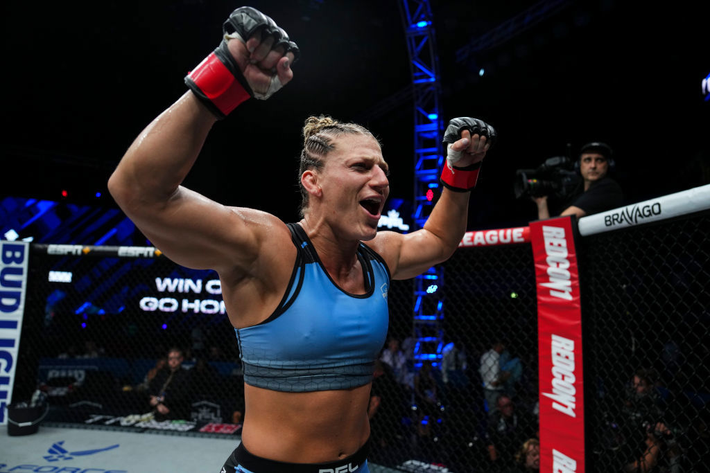 Kayla Harrison celebrates after defeating Martina Jindrova during PFL 9 at the Copper Box Arena.