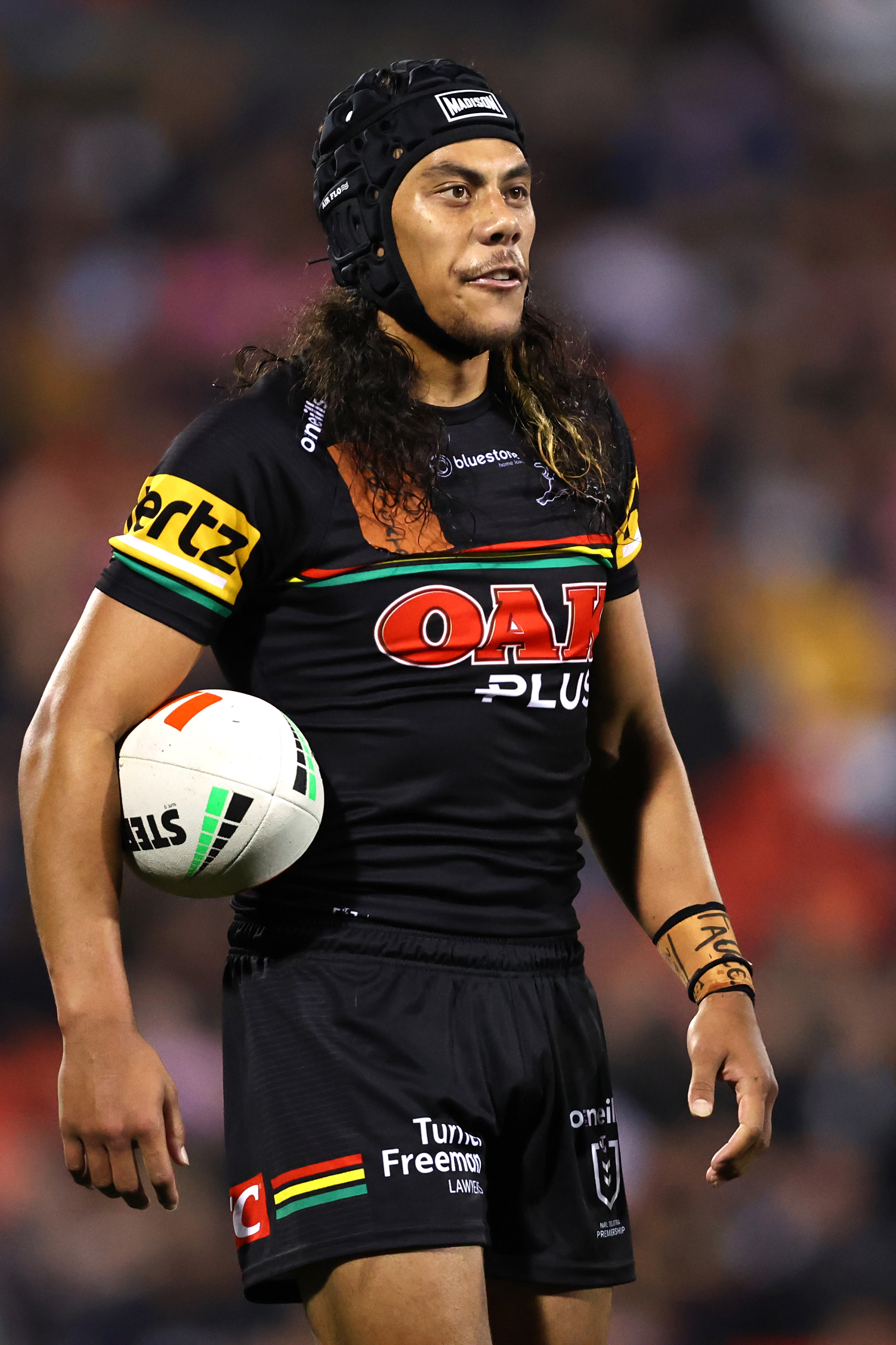 PENRITH, AUSTRALIA - JULY 29: Jarome Luai of the Panthers reacts after a no try during the round 22 NRL match between Penrith Panthers and Cronulla Sharks at BlueBet Stadium on July 29, 2023 in Penrith, Australia. (Photo by Jeremy Ng/Getty Images)