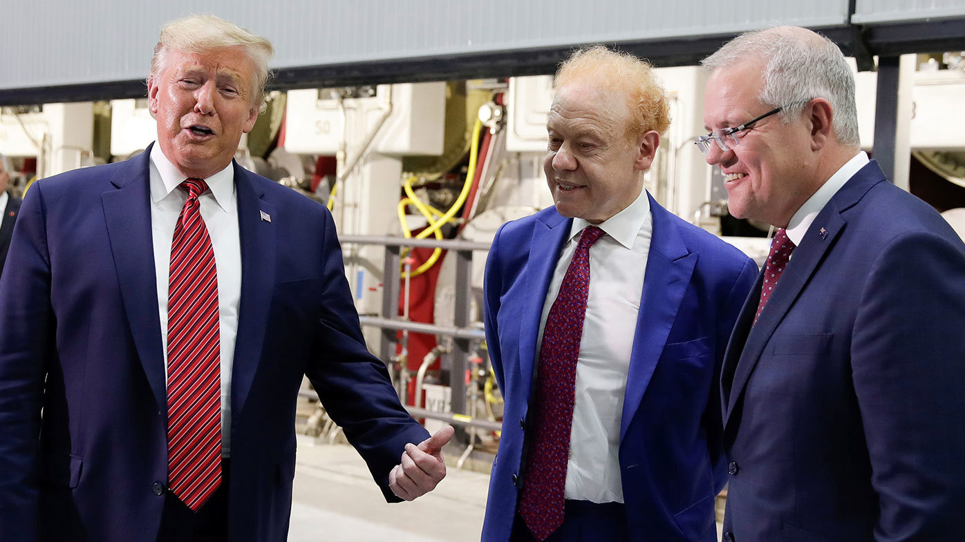 Donald Trump with Anthony Pratt and then-Prime Minister Scott Morrison at a factory in the US.