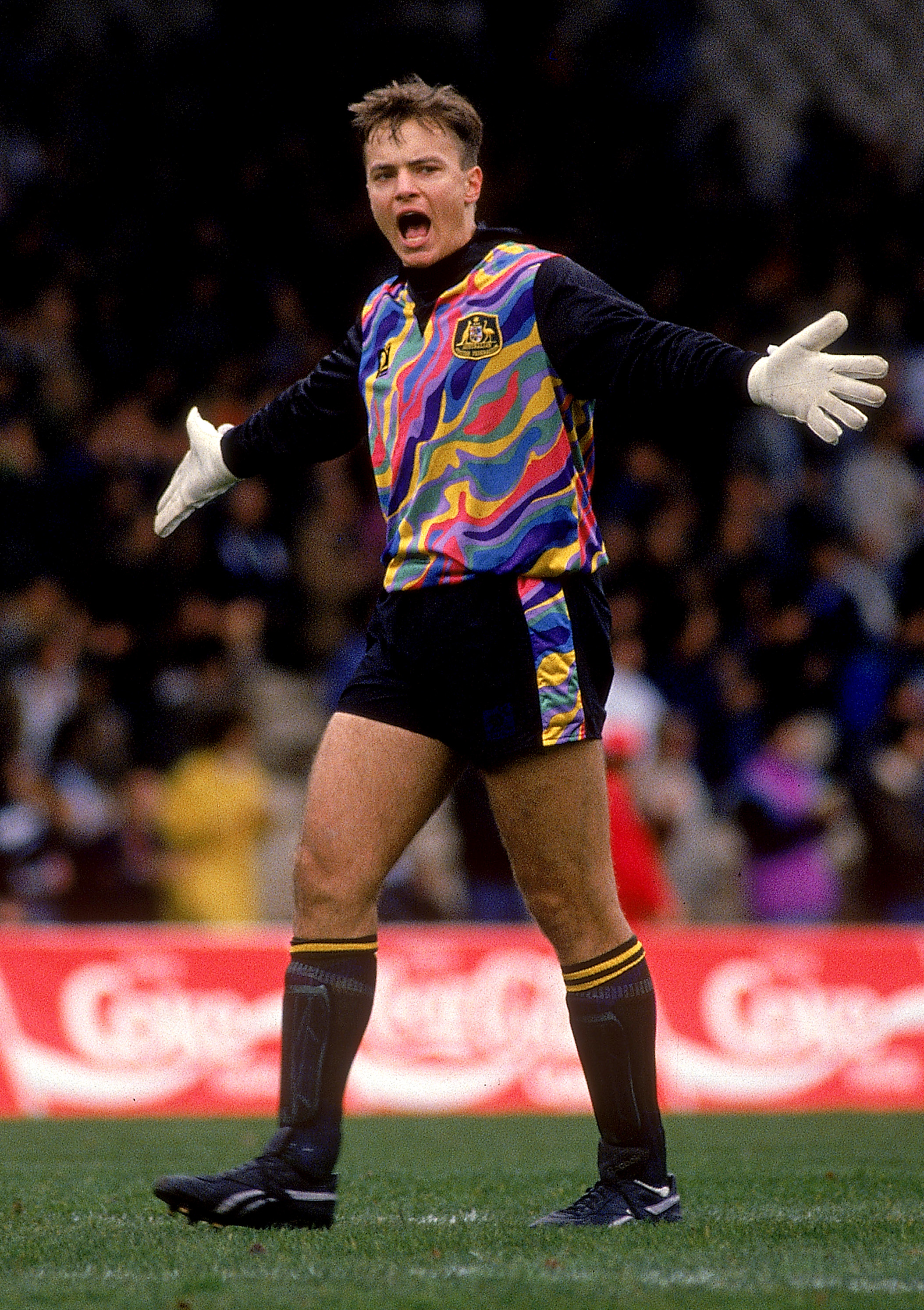 Mark Bosnich of Australia in action against New Zealand.