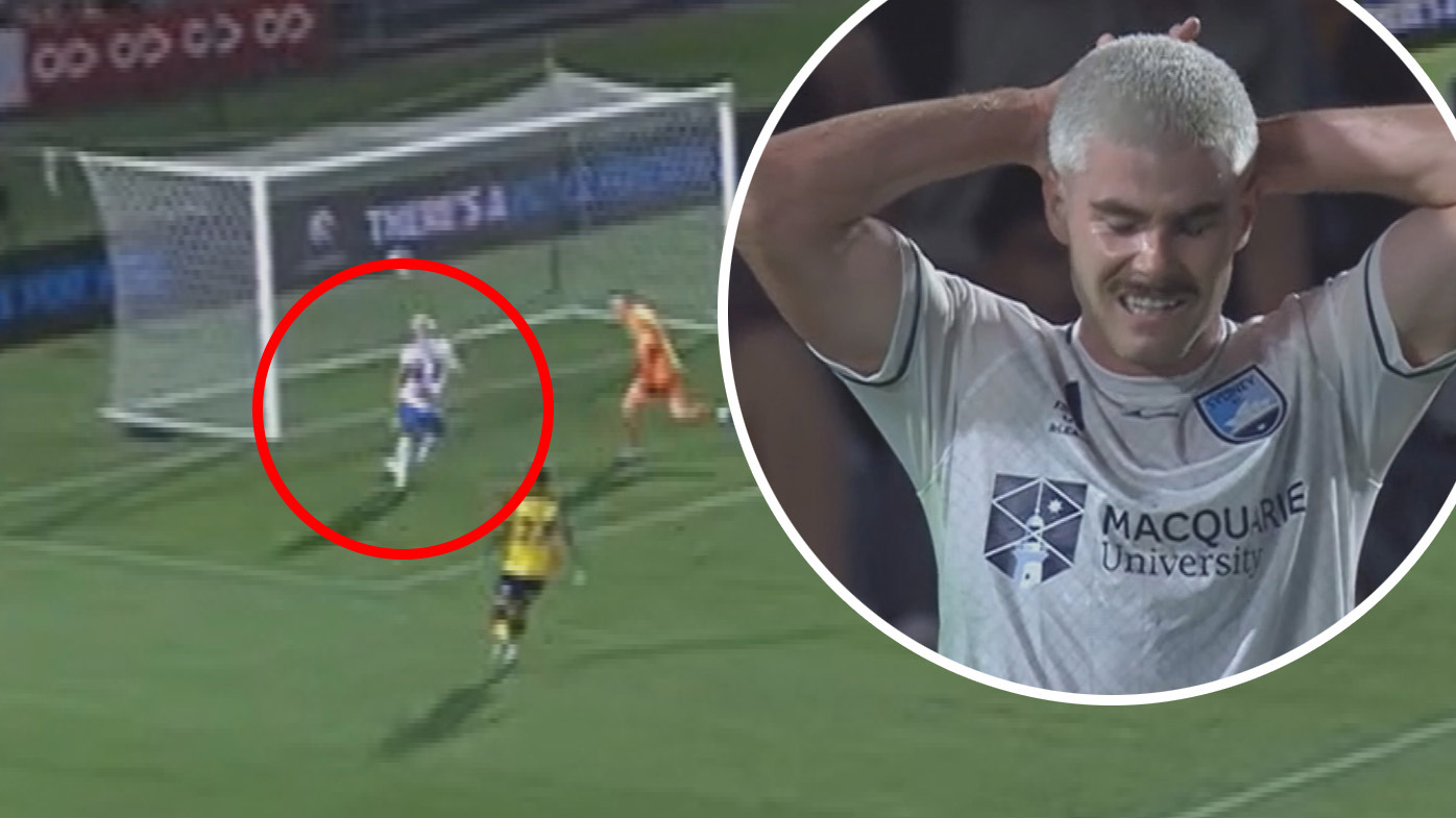 Sydney FC striker Patrick Wood missed this sitter from close range against the Central Coast.