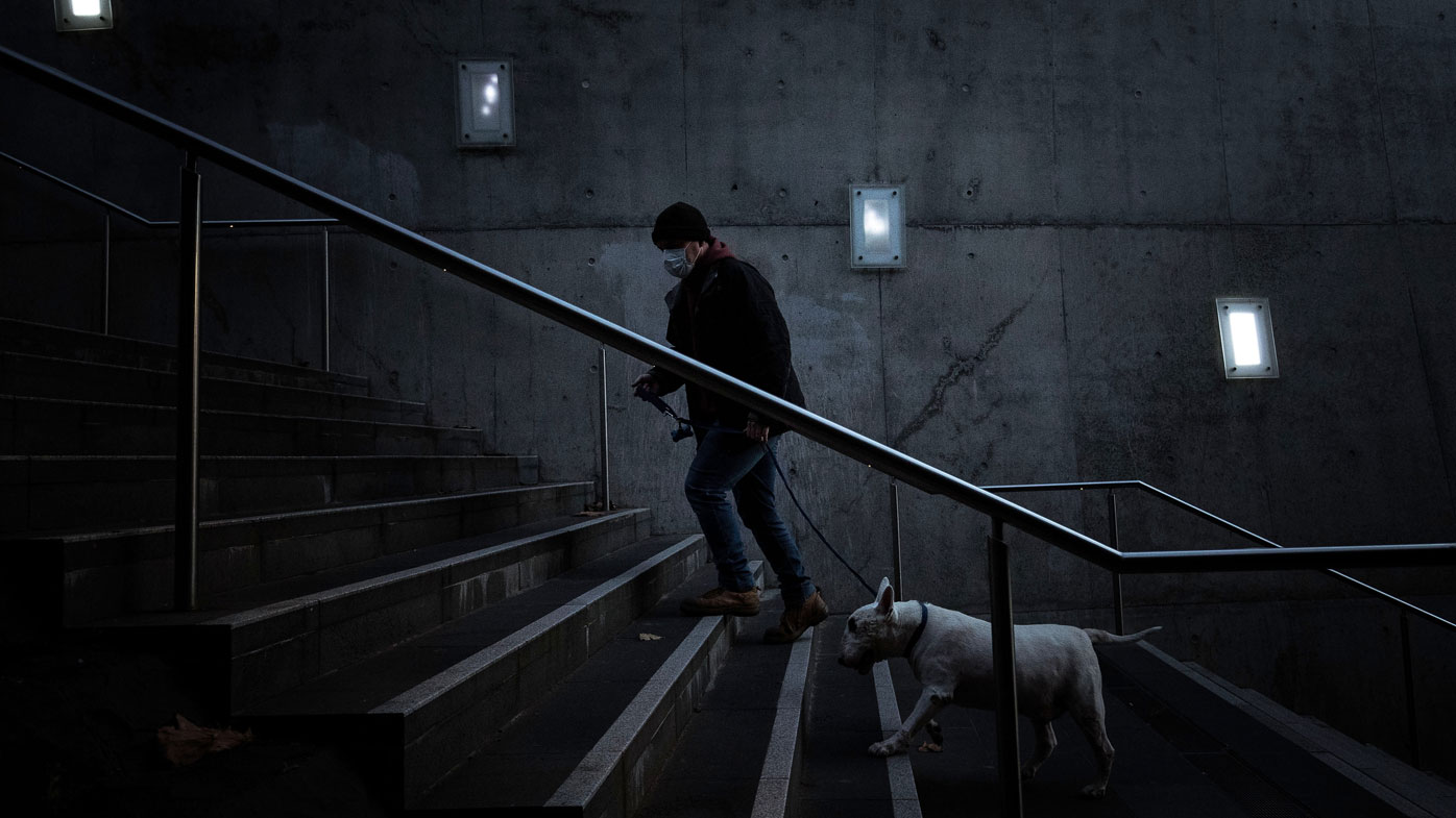 A man wearing a mask walks his dog at Southbank.