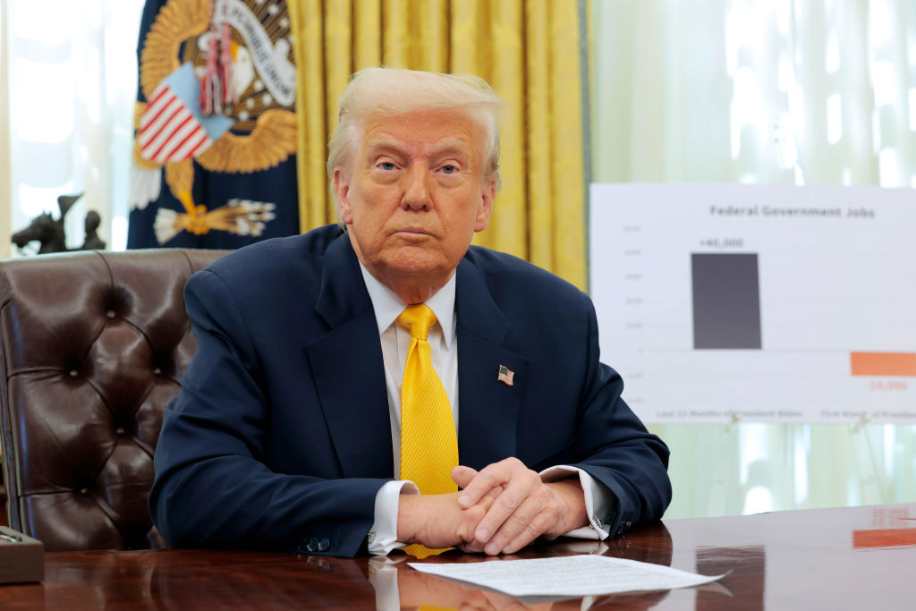 WASHINGTON, DC - MARCH 07: U.S. President Donald Trump delivers remarks on the jobs report from the Oval Office at the White House on March 07, 2025 in Washington, DC. The U.S. economy added 151,000 jobs, with the unemployment rate rising slightly to 4.1%, according to the Bureau of Labor Statistics. (Photo by Anna Moneymaker/Getty Images)