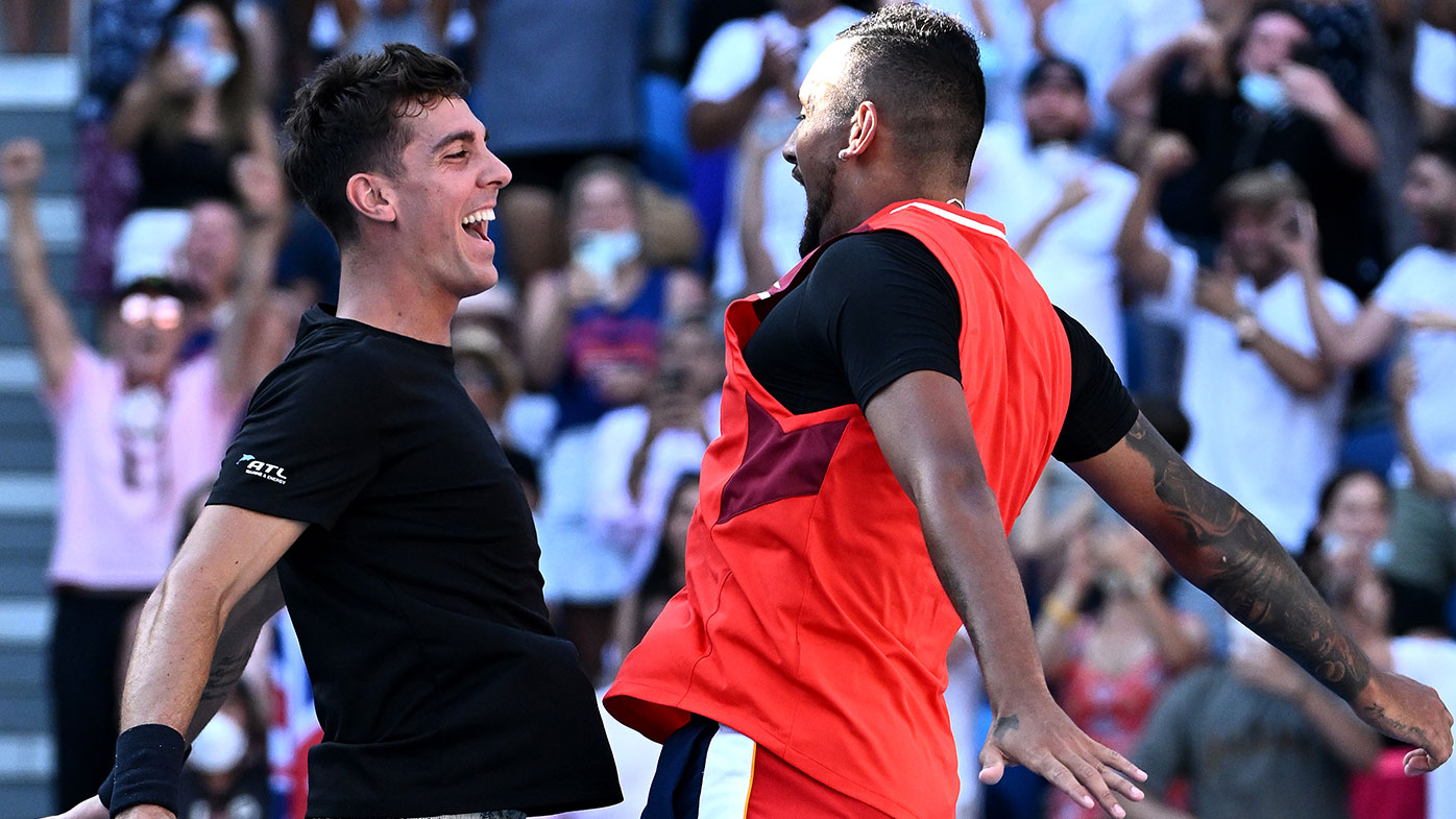 Thanasi Kokkinakis of Australia and Nick Kyrgios of Australia celebrate match point in their Men's Doubles Quarterfinals match against Tim Puetz of Germany and Michael Venus of New Zealand