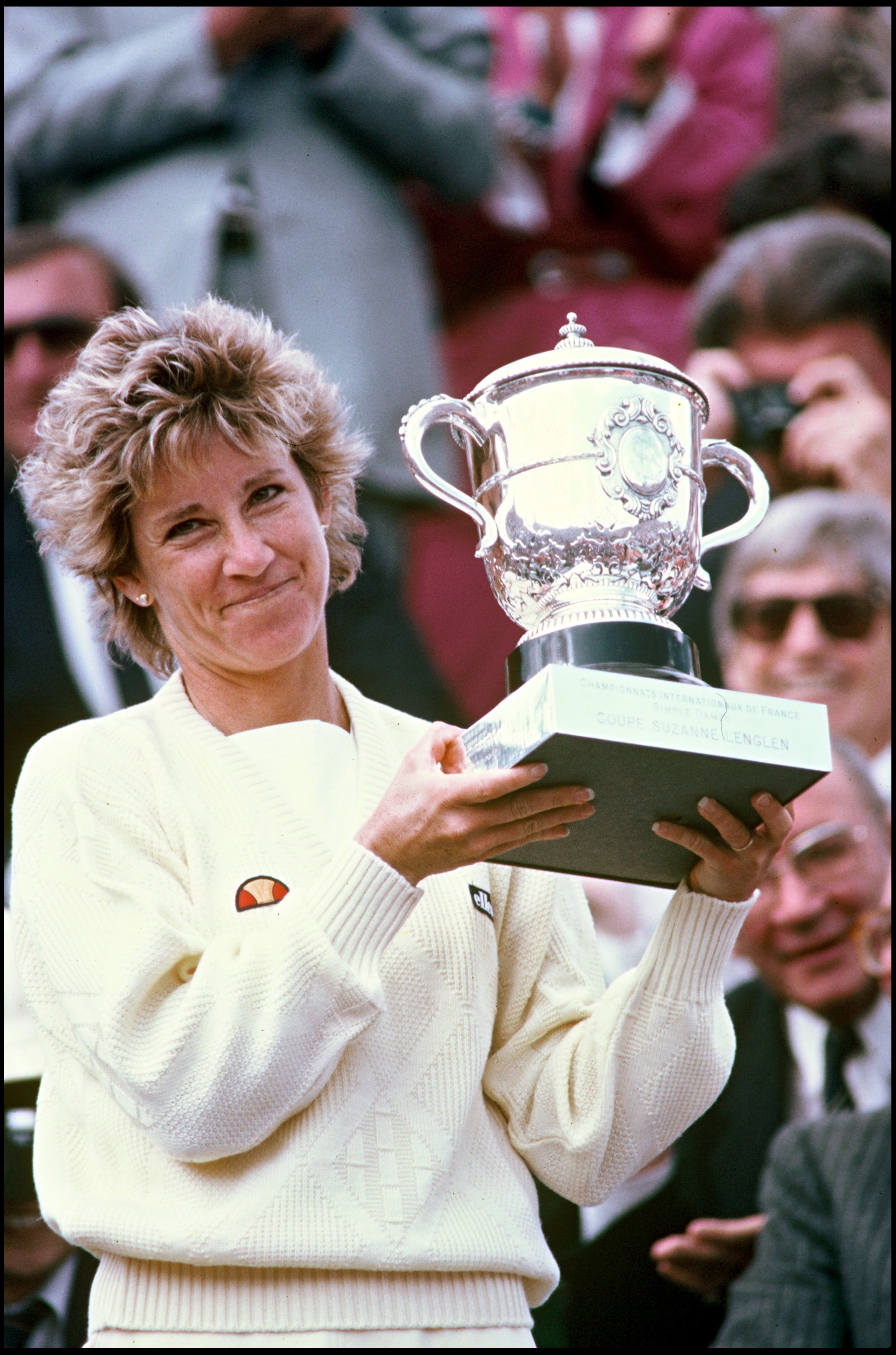 Chris Evert pictured with the Roland-Garros trophy in 1985, one of seven occasions she won the tournament