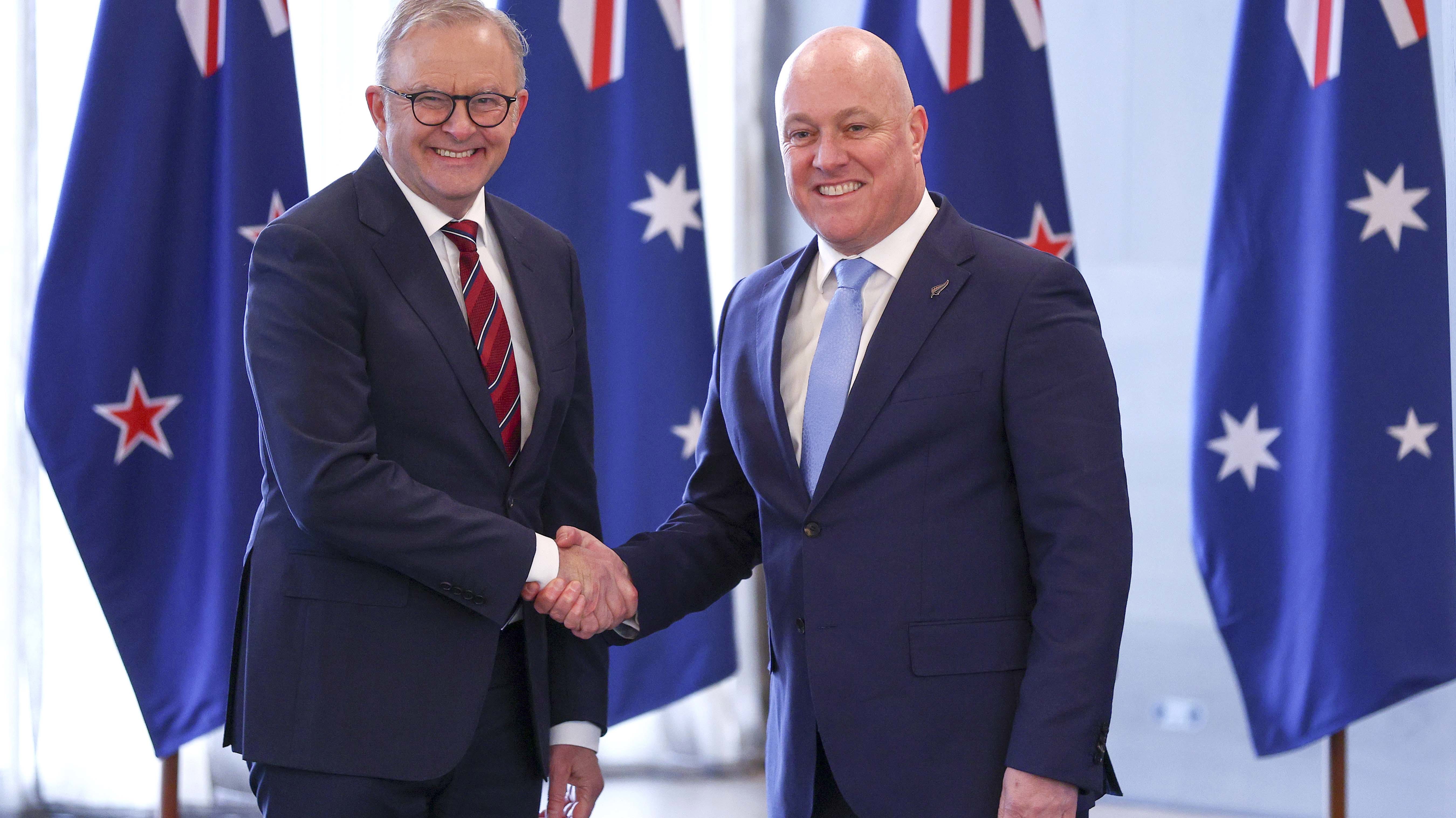  Australian Prime Minister Anthony Albanese and New Zealand Prime Minister Christopher Luxon shake hands during an Australia-New Zealand Leaders Meeting at Taramea.