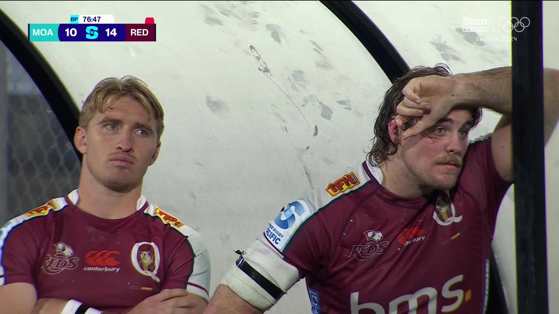 Tate McDermott in the final moments of the Queensland Reds' loss to Moana Pasifika.